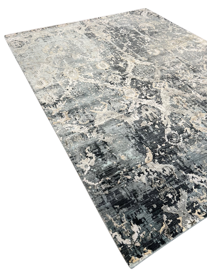 Grey &amp; Blue Abstract Distressed Rug with Ivory &amp; Peach – 8’10” x 11’7”