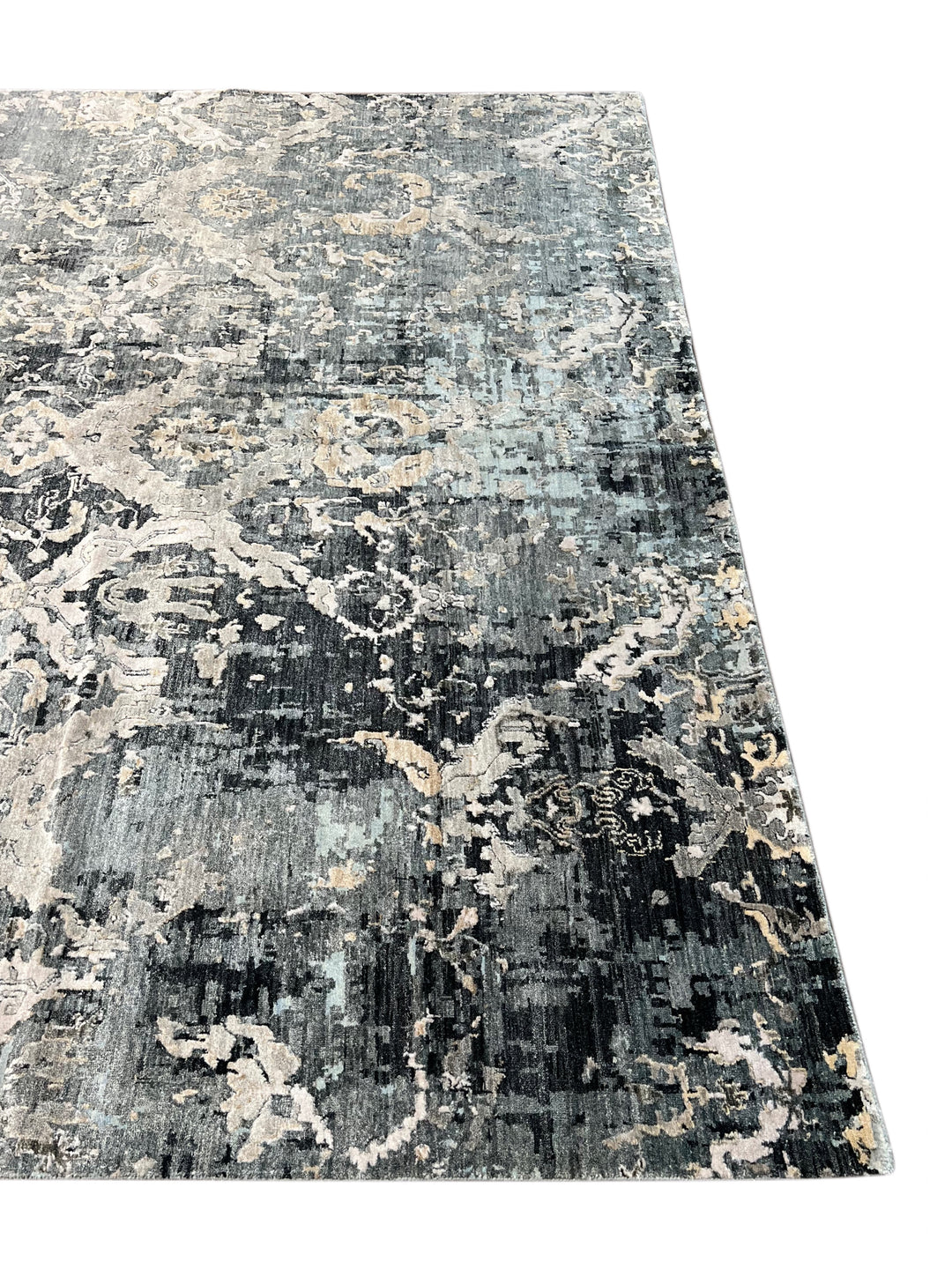 Grey &amp; Blue Abstract Distressed Rug with Ivory &amp; Peach – 8’10” x 11’7”