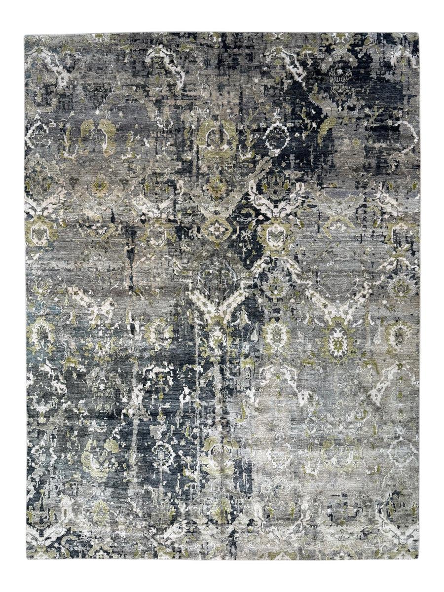 Grey & Olive Green Abstract Distressed Rug with Ivory – 8’10” x 11’10”