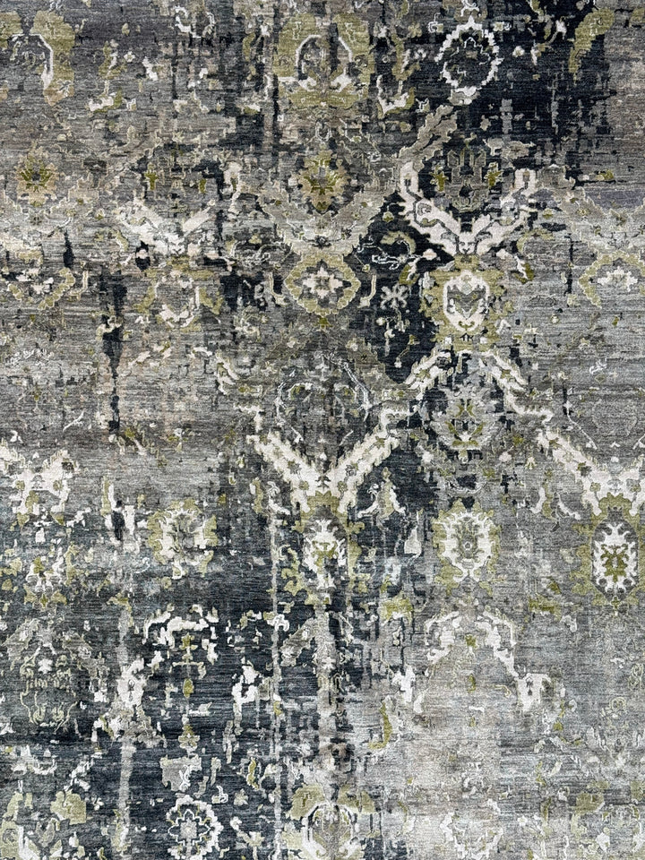 Grey &amp; Olive Green Abstract Distressed Rug with Ivory – 8’10” x 11’10”