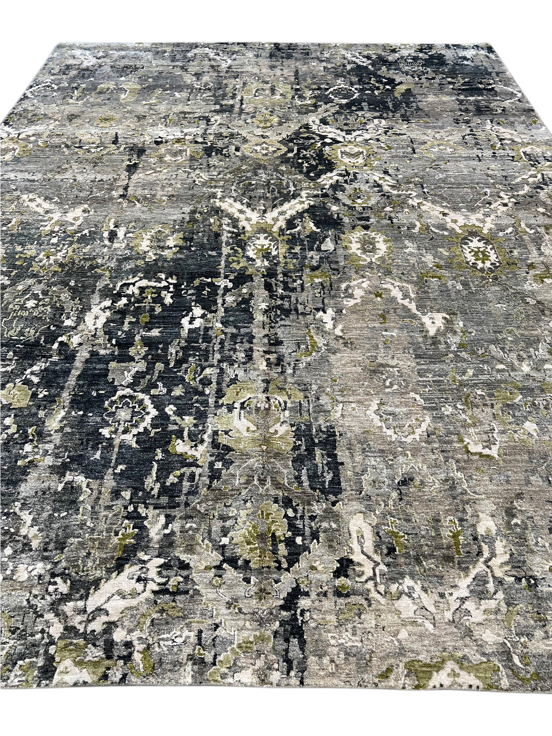 Grey &amp; Olive Green Abstract Distressed Rug with Ivory – 8’10” x 11’10”