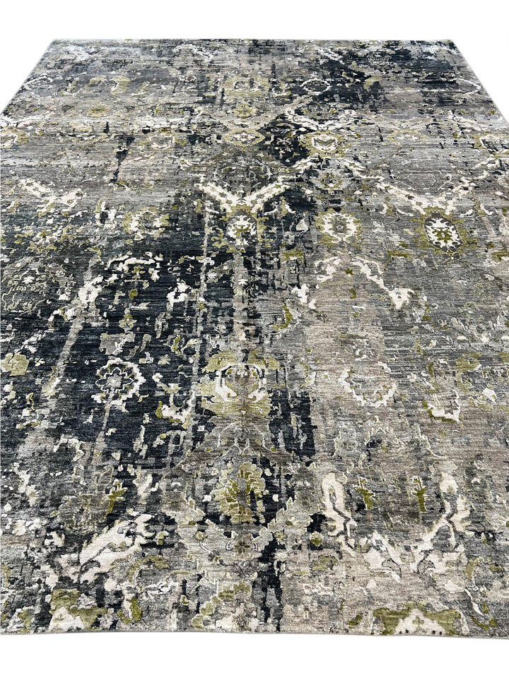 Grey &amp; Olive Green Abstract Distressed Rug with Ivory – 8’10” x 11’10”