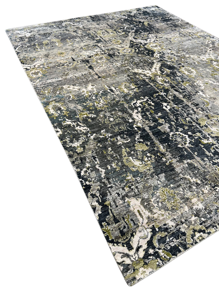 Grey &amp; Olive Green Abstract Distressed Rug with Ivory – 8’10” x 11’10”