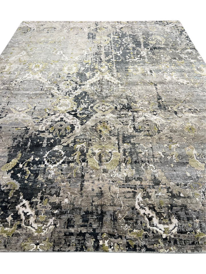Grey &amp; Olive Green Abstract Distressed Rug with Ivory – 8’10” x 11’10”