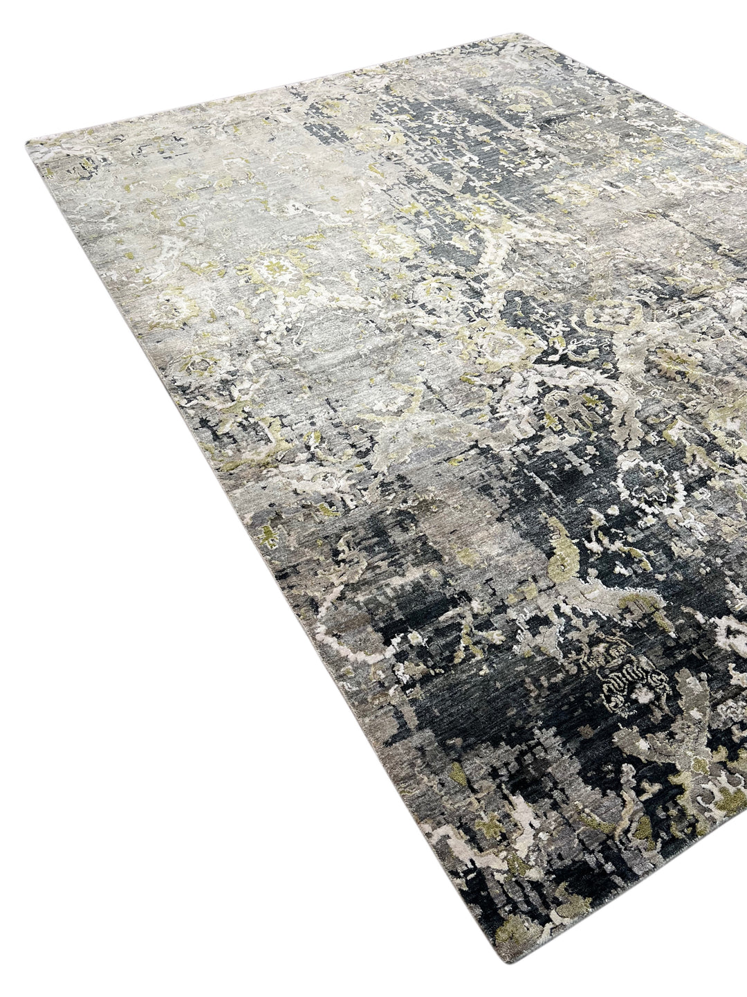 Grey &amp; Olive Green Abstract Distressed Rug with Ivory – 8’10” x 11’10”