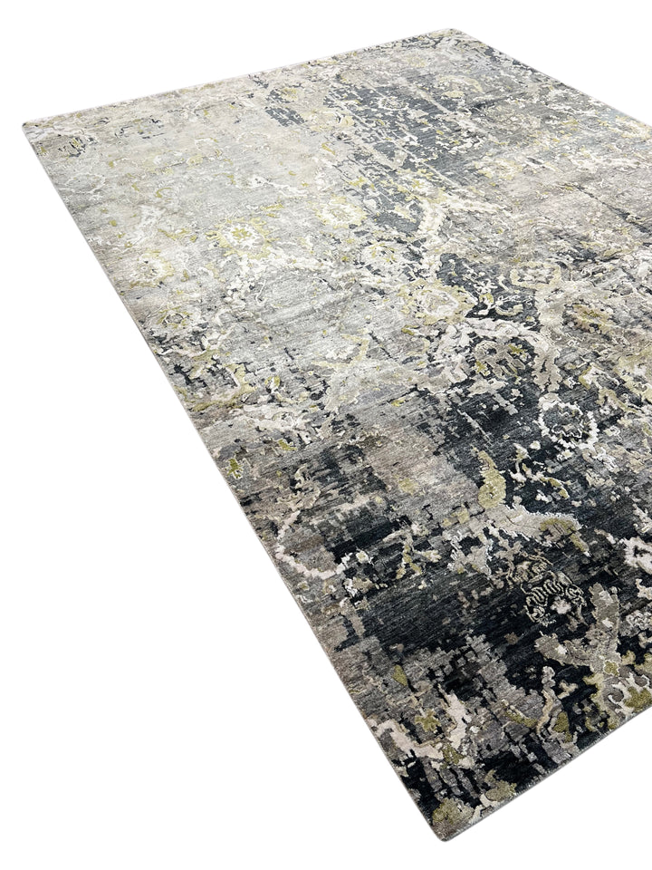 Grey &amp; Olive Green Abstract Distressed Rug with Ivory – 8’10” x 11’10”