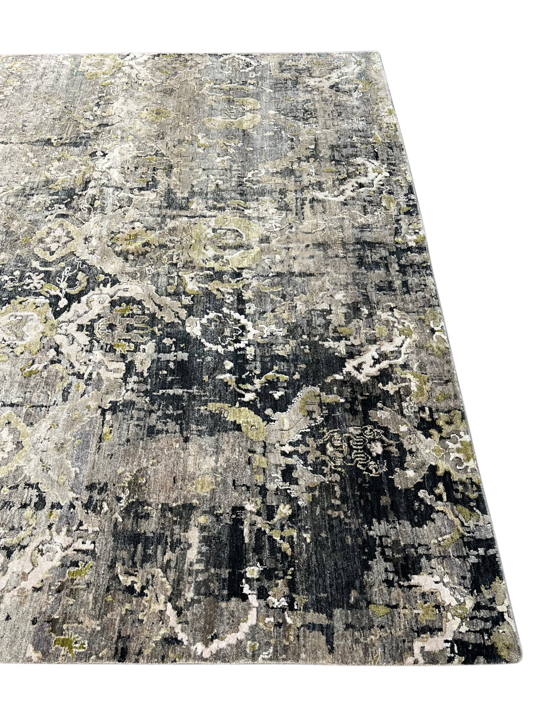Grey &amp; Olive Green Abstract Distressed Rug with Ivory – 8’10” x 11’10”