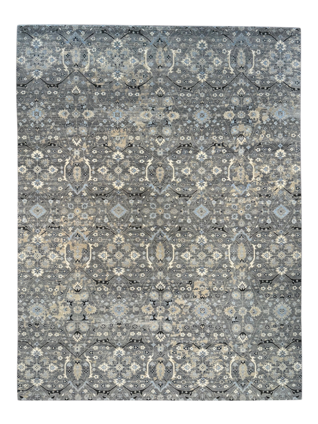 Grey &amp; Soft Blue Geometric Floral Rug with Ivory – 9’1” x 12’1”