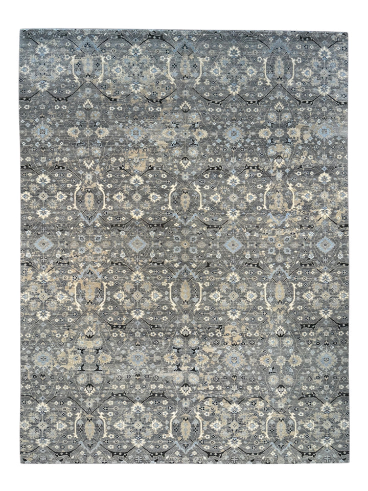 Grey &amp; Soft Blue Geometric Floral Rug with Ivory – 9’1” x 12’1”