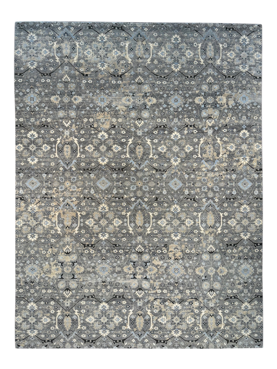 Grey & Soft Blue Geometric Floral Rug with Ivory – 9’1” x 12’1”