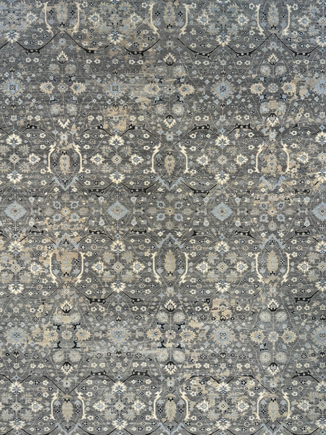 Grey &amp; Soft Blue Geometric Floral Rug with Ivory – 9’1” x 12’1”