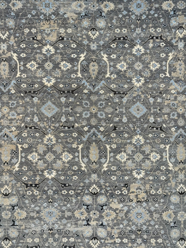 Grey &amp; Soft Blue Geometric Floral Rug with Ivory – 9’1” x 12’1”