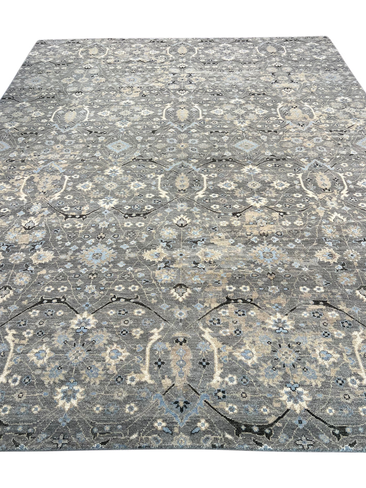 Grey &amp; Soft Blue Geometric Floral Rug with Ivory – 9’1” x 12’1”
