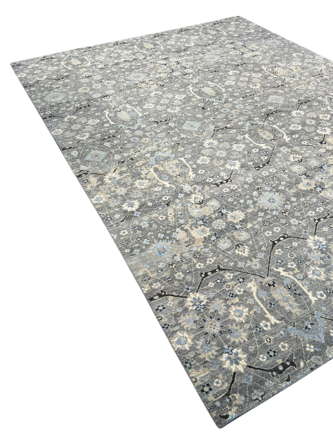 Grey &amp; Soft Blue Geometric Floral Rug with Ivory – 9’1” x 12’1”