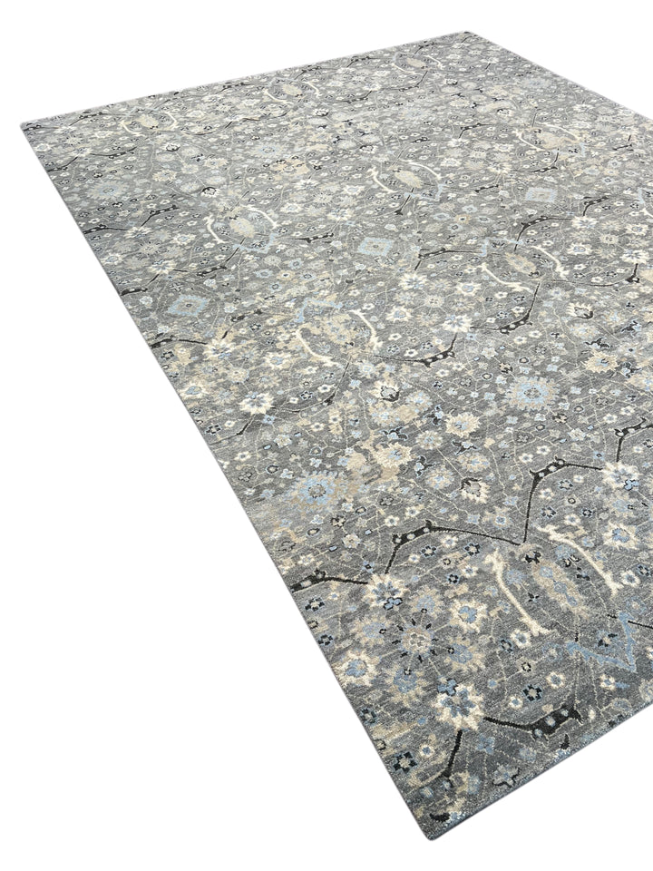 Grey &amp; Soft Blue Geometric Floral Rug with Ivory – 9’1” x 12’1”