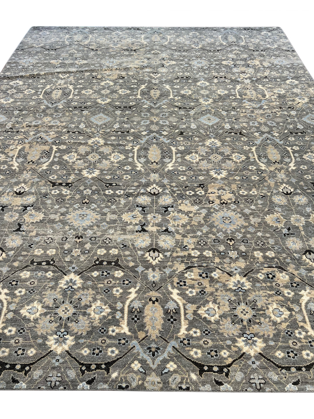 Grey &amp; Soft Blue Geometric Floral Rug with Ivory – 9’1” x 12’1”