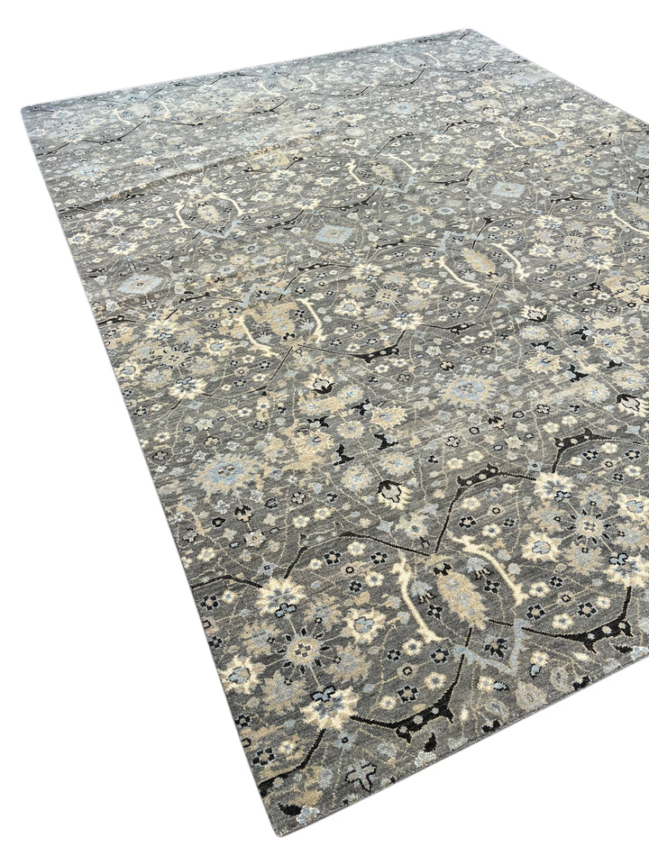 Grey &amp; Soft Blue Geometric Floral Rug with Ivory – 9’1” x 12’1”