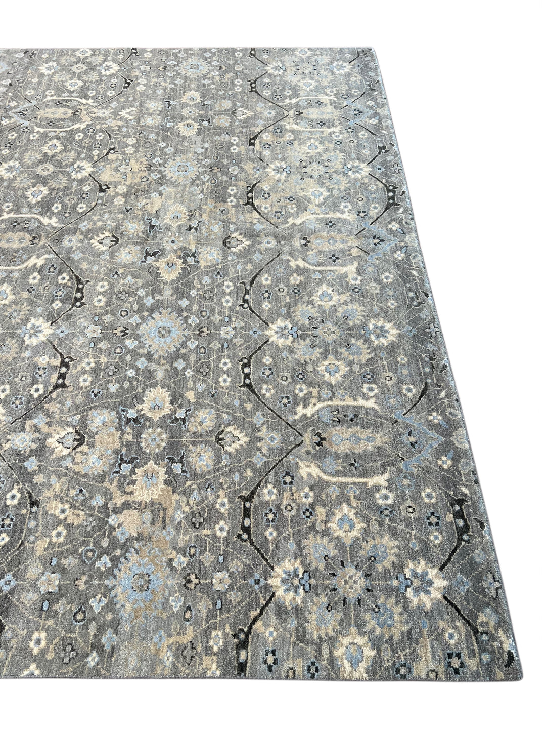 Grey &amp; Soft Blue Geometric Floral Rug with Ivory – 9’1” x 12’1”