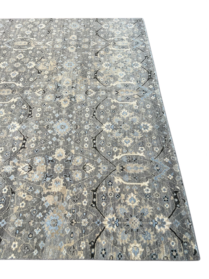 Grey &amp; Soft Blue Geometric Floral Rug with Ivory – 9’1” x 12’1”