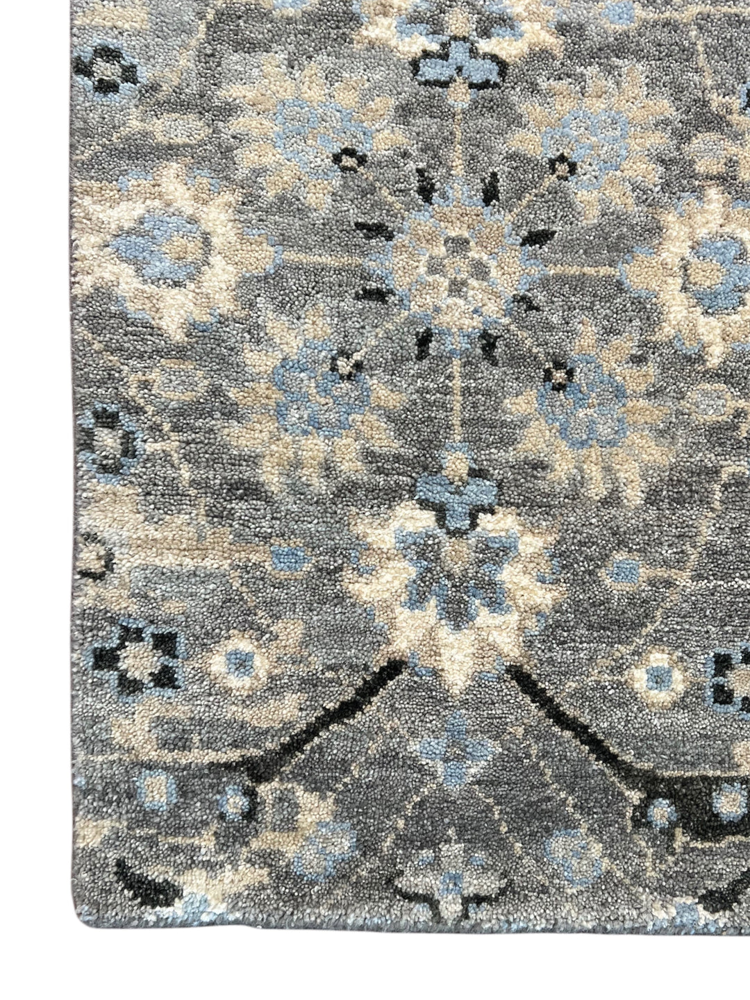 Grey &amp; Soft Blue Geometric Floral Rug with Ivory – 9’1” x 12’1”