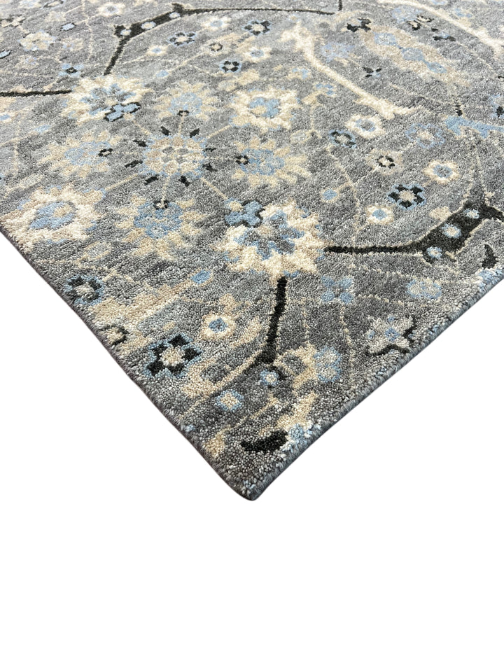 Grey &amp; Soft Blue Geometric Floral Rug with Ivory – 9’1” x 12’1”