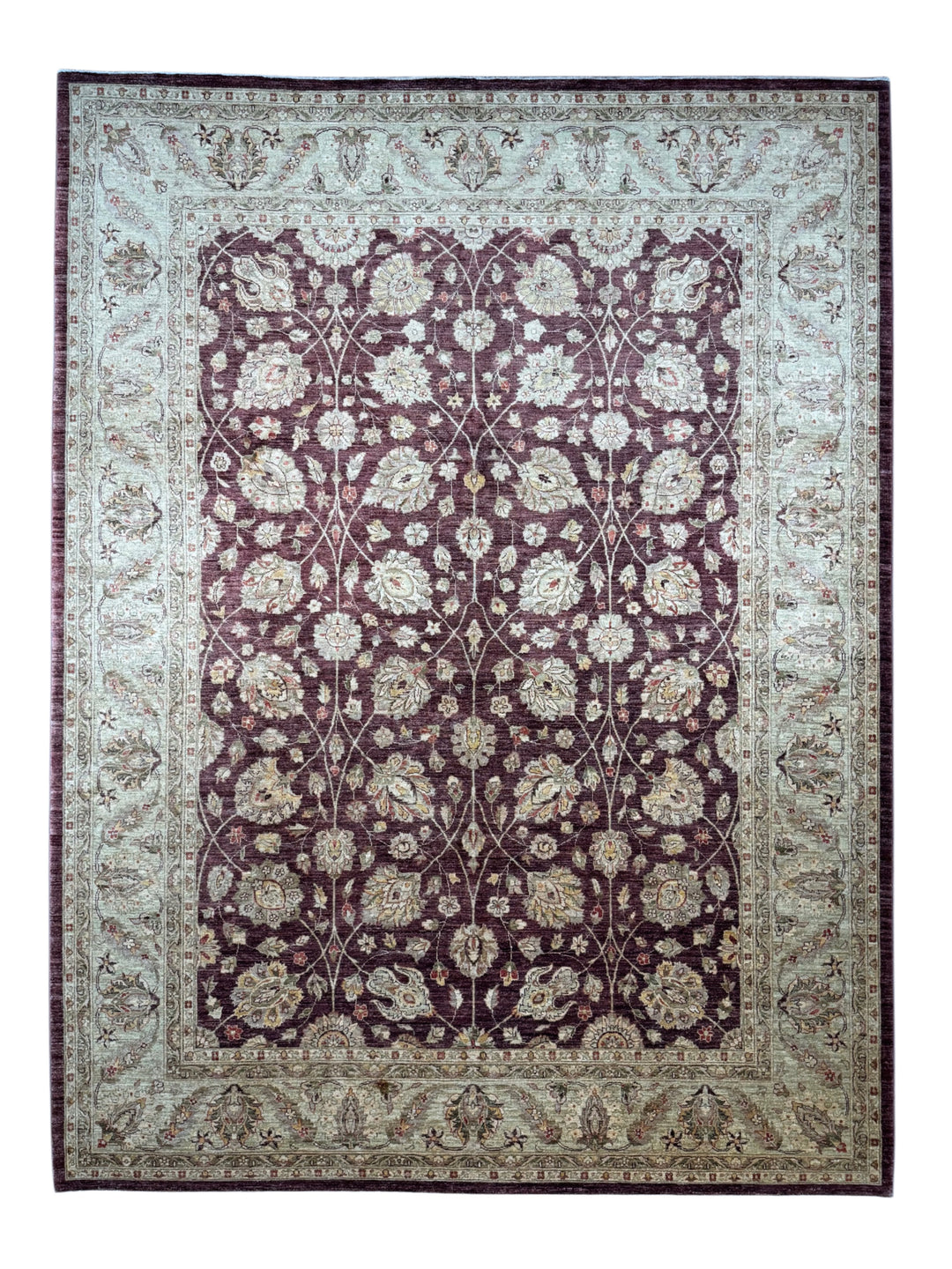 Burgundy &amp; Sage Traditional Floral Wool Rug – 9’2” x 12’2”