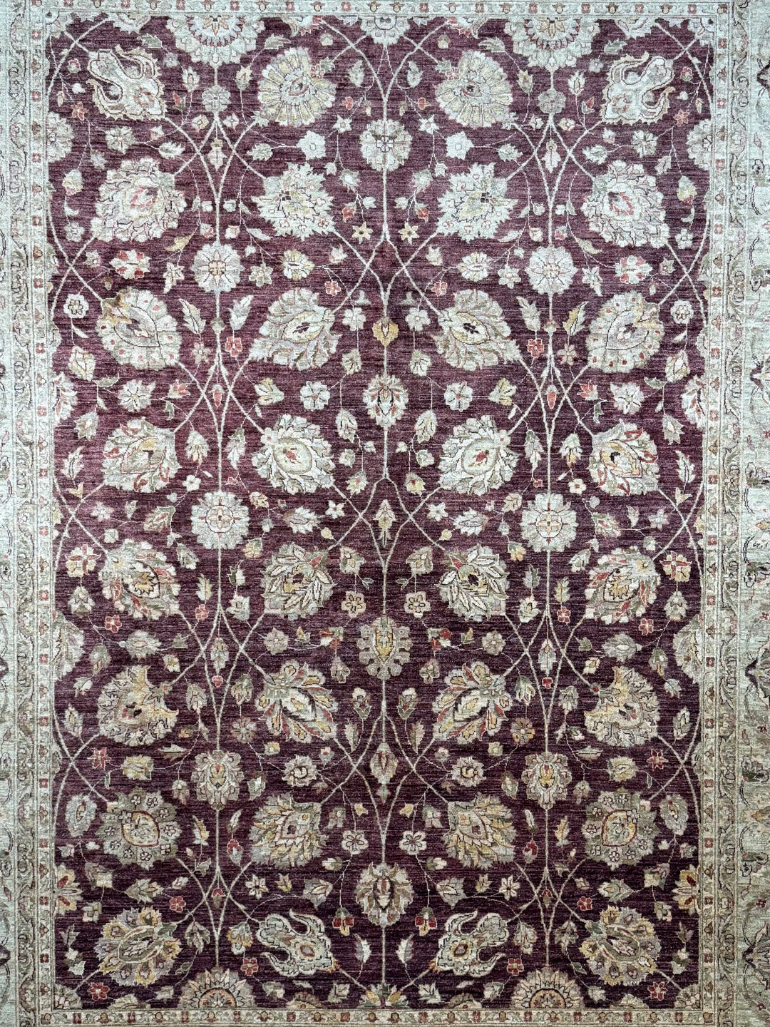 Burgundy &amp; Sage Traditional Floral Wool Rug – 9’2” x 12’2”