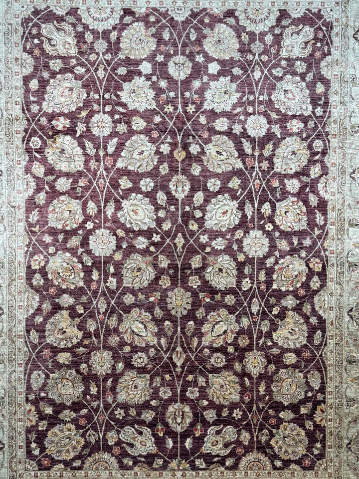 Burgundy &amp; Sage Traditional Floral Wool Rug – 9’2” x 12’2”