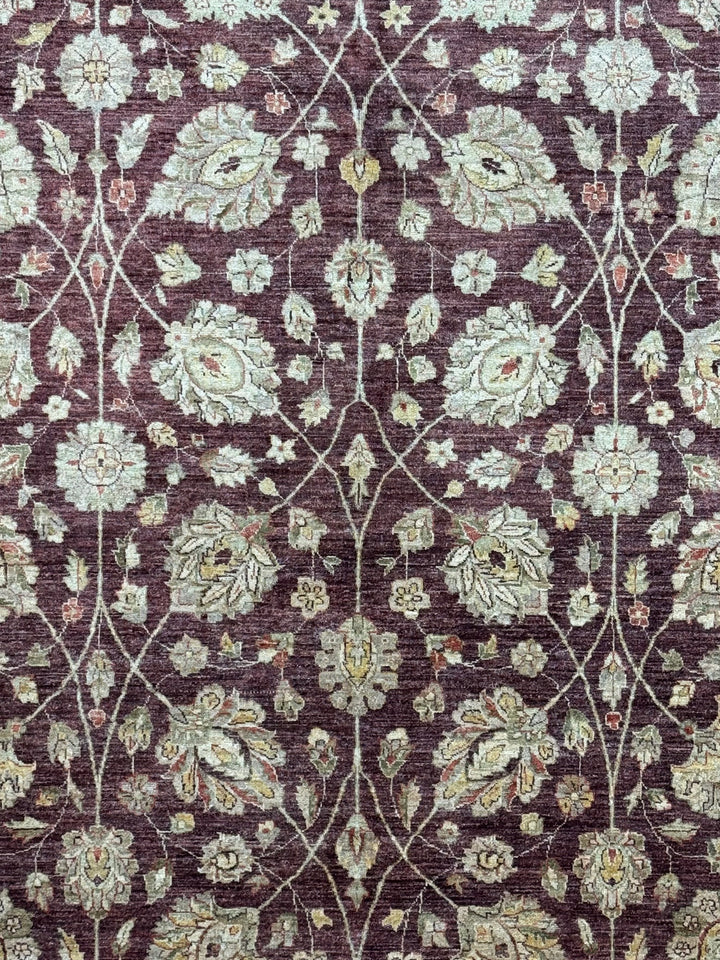 Burgundy &amp; Sage Traditional Floral Wool Rug – 9’2” x 12’2”