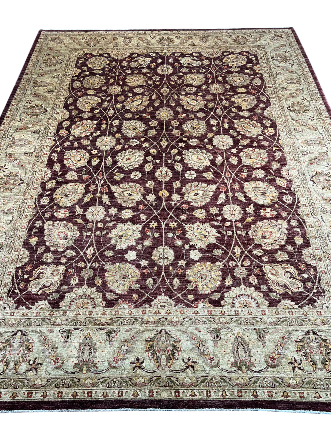 Burgundy &amp; Sage Traditional Floral Wool Rug – 9’2” x 12’2”