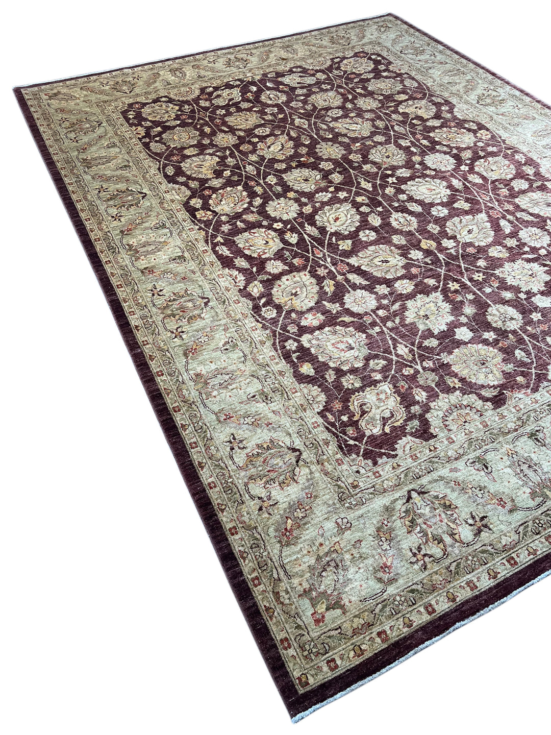 Burgundy &amp; Sage Traditional Floral Wool Rug – 9’2” x 12’2”
