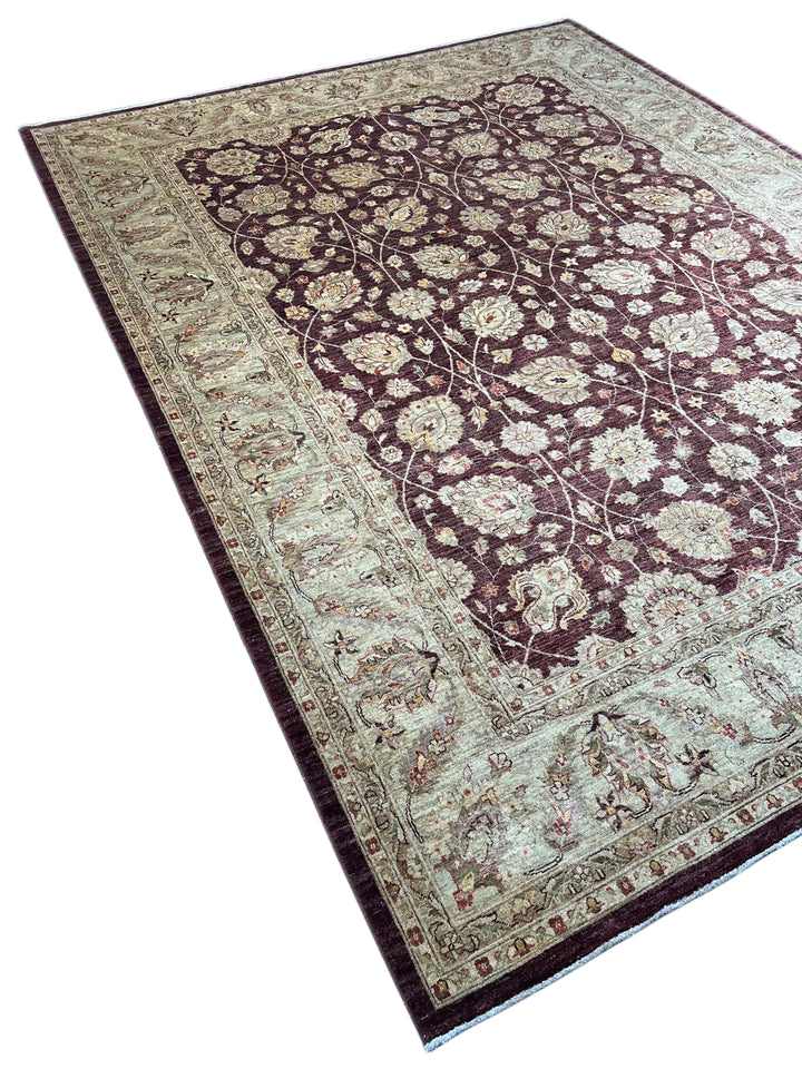 Burgundy &amp; Sage Traditional Floral Wool Rug – 9’2” x 12’2”