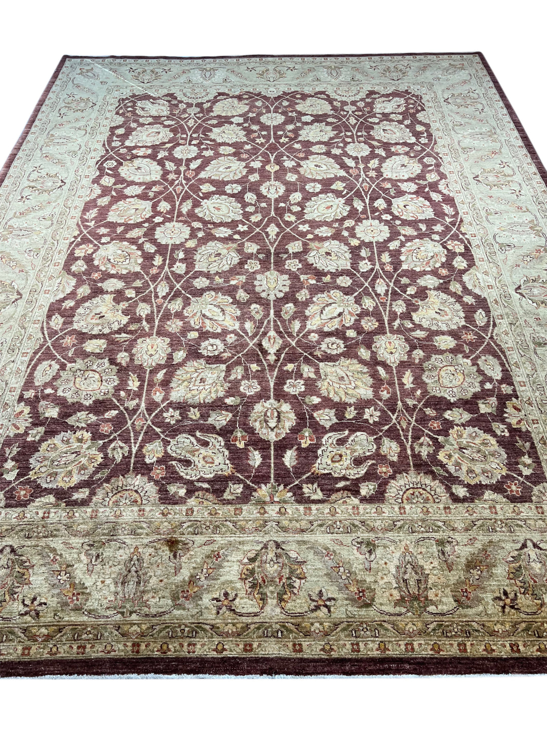 Burgundy &amp; Sage Traditional Floral Wool Rug – 9’2” x 12’2”