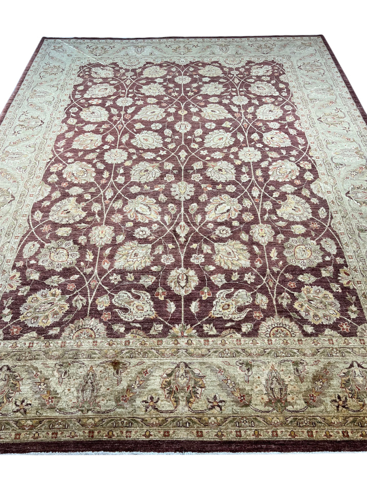 Burgundy &amp; Sage Traditional Floral Wool Rug – 9’2” x 12’2”