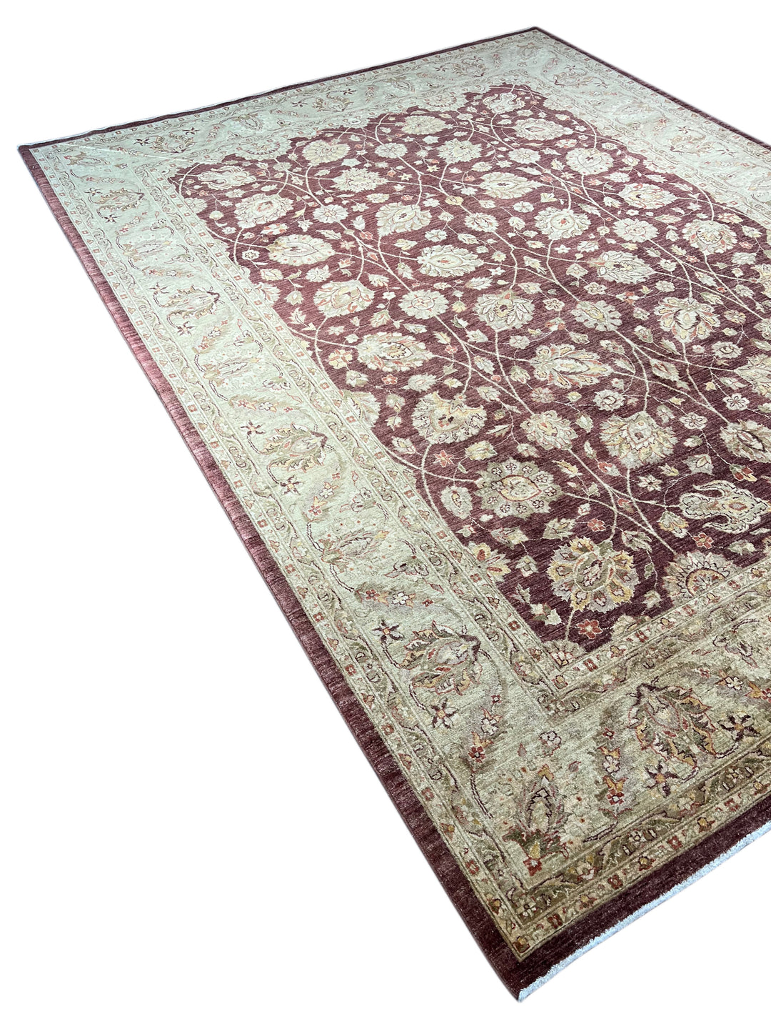 Burgundy &amp; Sage Traditional Floral Wool Rug – 9’2” x 12’2”