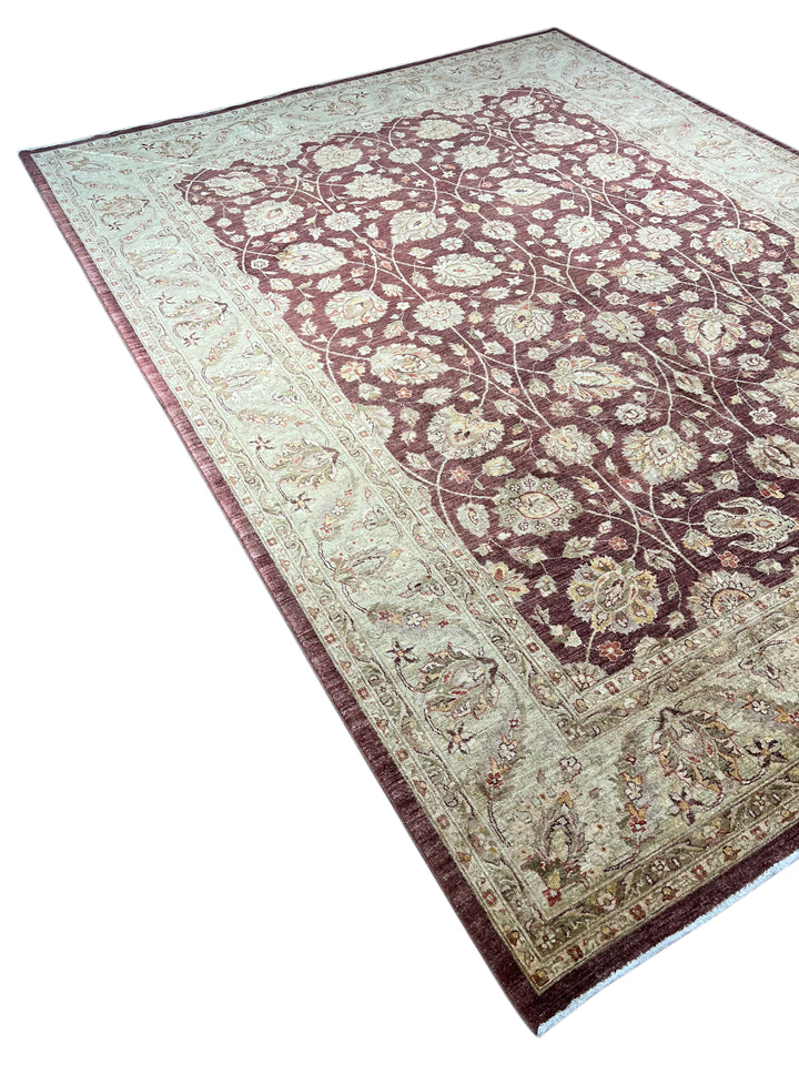 Burgundy &amp; Sage Traditional Floral Wool Rug – 9’2” x 12’2”