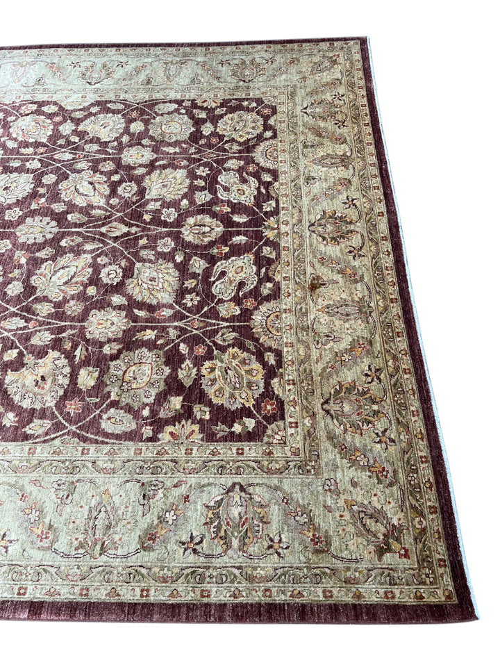 Burgundy &amp; Sage Traditional Floral Wool Rug – 9’2” x 12’2”