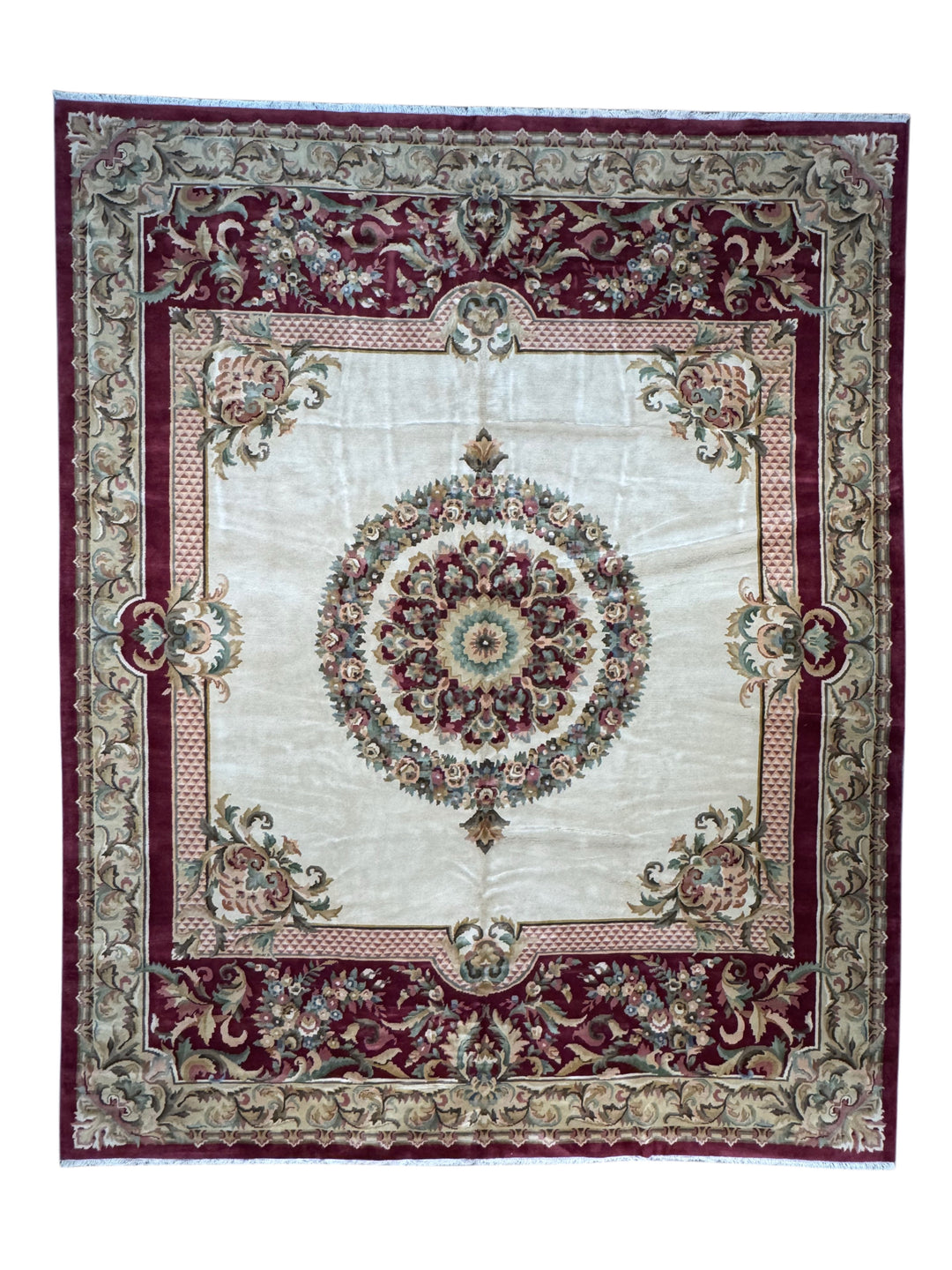 Ivory &amp; Burgundy French Savonnerie Style Rug – 12’0” x 14’9”