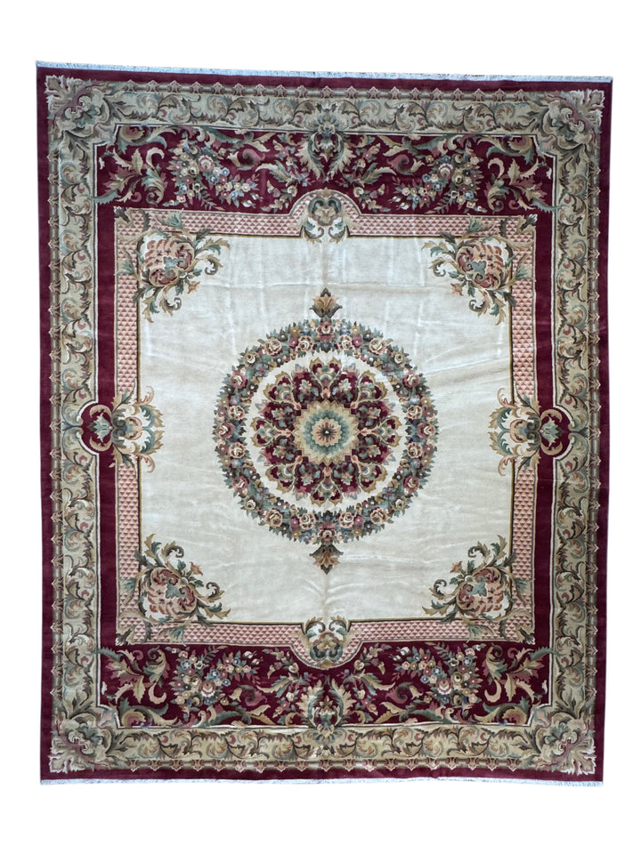 Ivory &amp; Burgundy French Savonnerie Style Rug – 12’0” x 14’9”