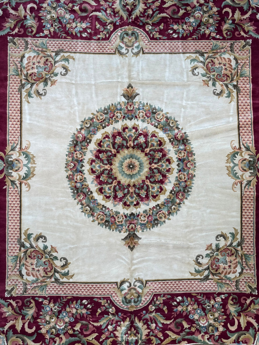 Ivory &amp; Burgundy French Savonnerie Style Rug – 12’0” x 14’9”