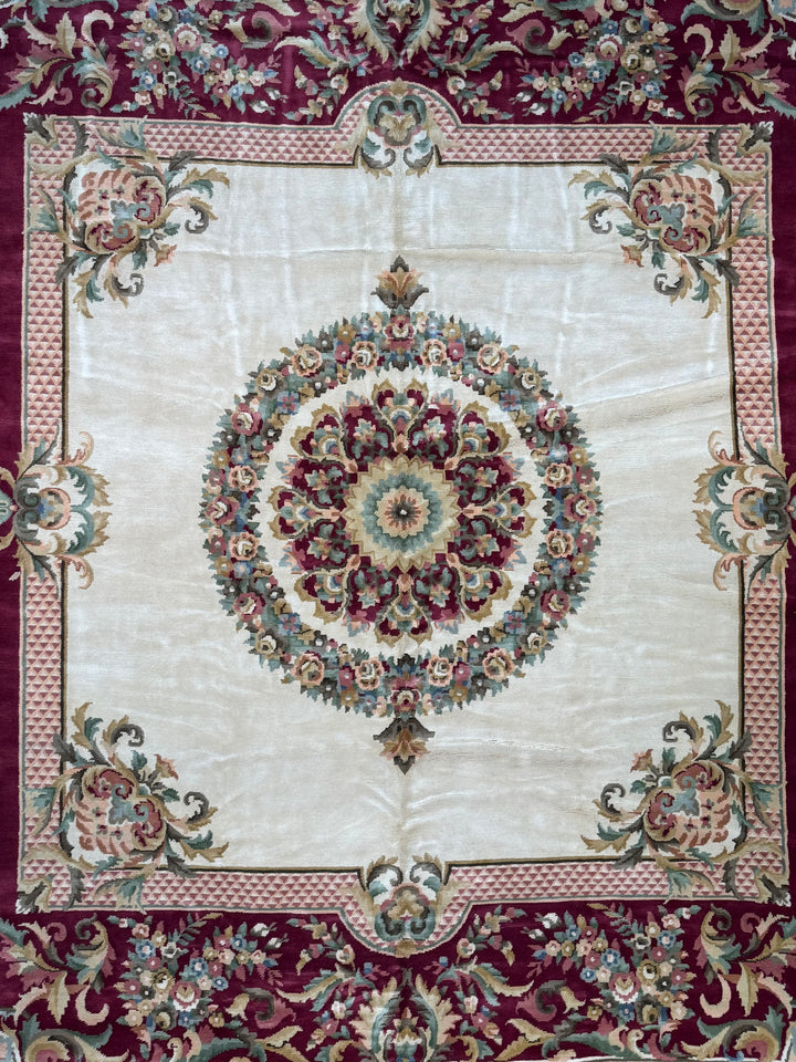 Ivory &amp; Burgundy French Savonnerie Style Rug – 12’0” x 14’9”