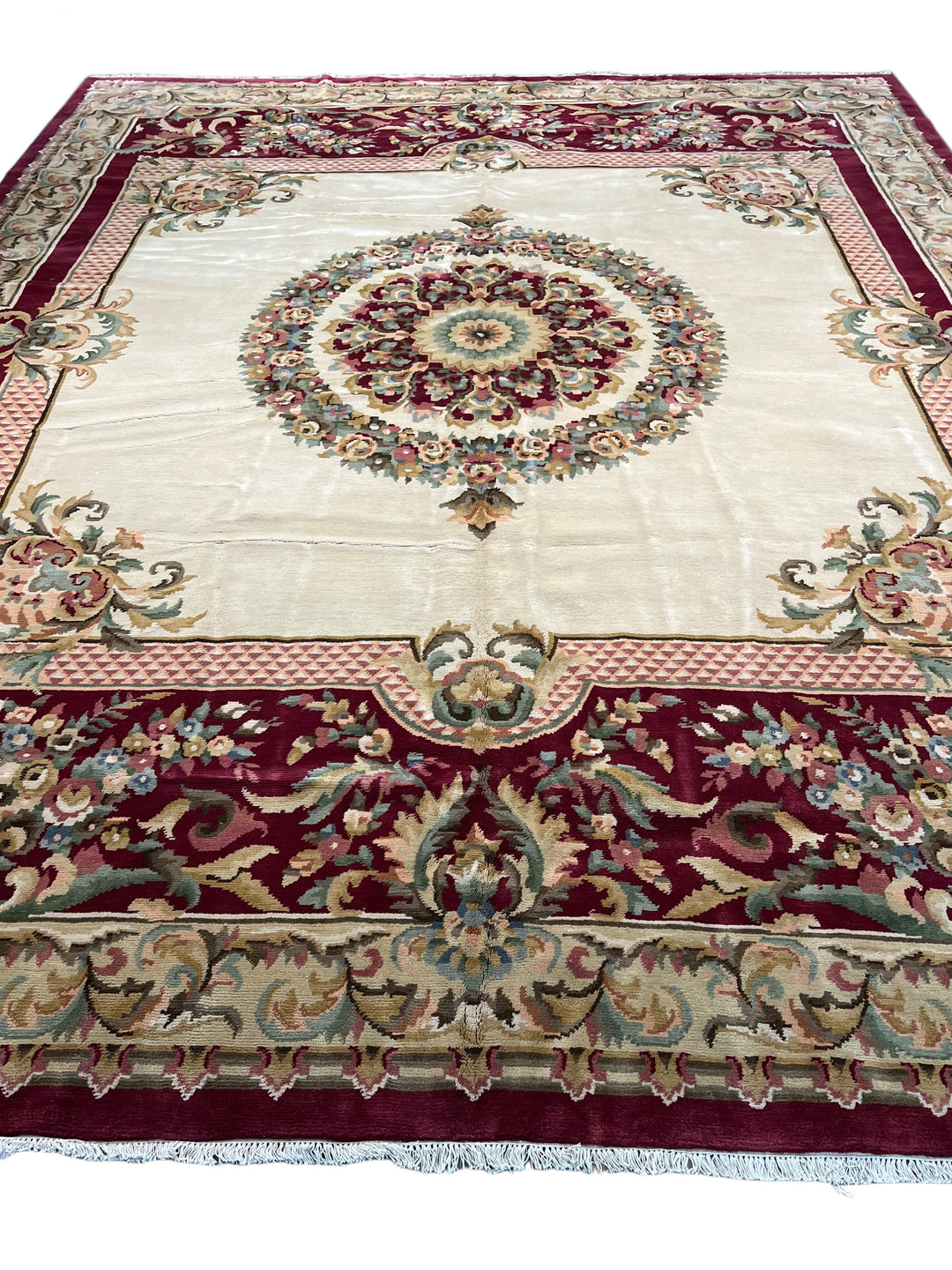 Ivory &amp; Burgundy French Savonnerie Style Rug – 12’0” x 14’9”