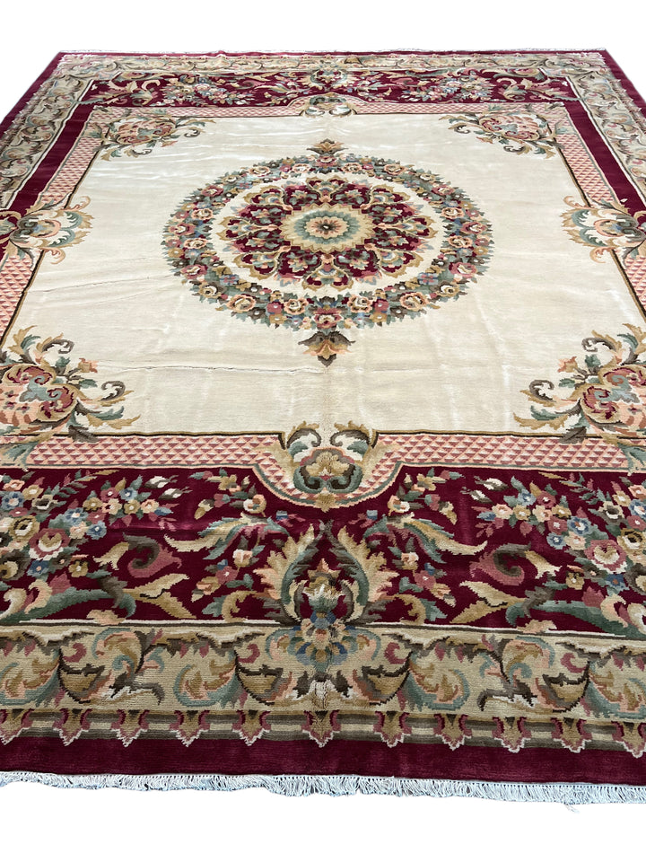 Ivory &amp; Burgundy French Savonnerie Style Rug – 12’0” x 14’9”