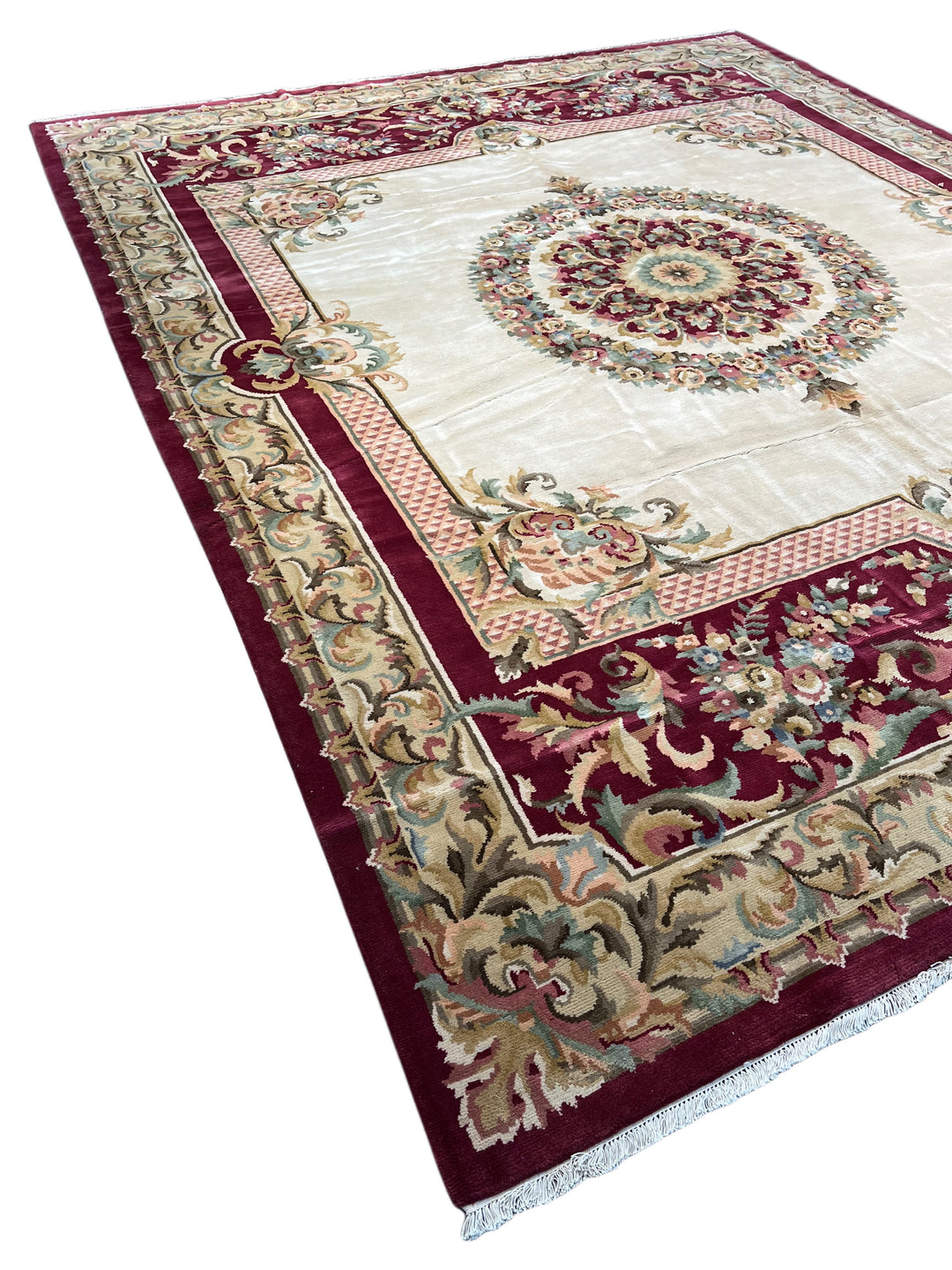 Ivory &amp; Burgundy French Savonnerie Style Rug – 12’0” x 14’9”