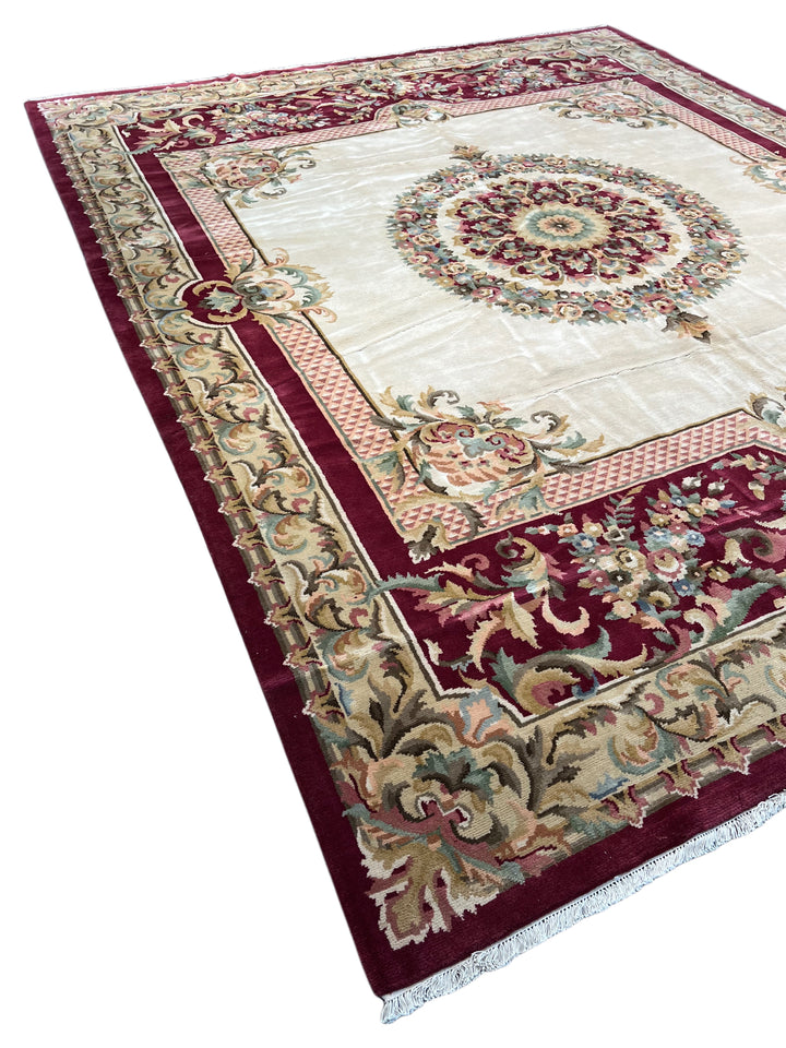 Ivory &amp; Burgundy French Savonnerie Style Rug – 12’0” x 14’9”
