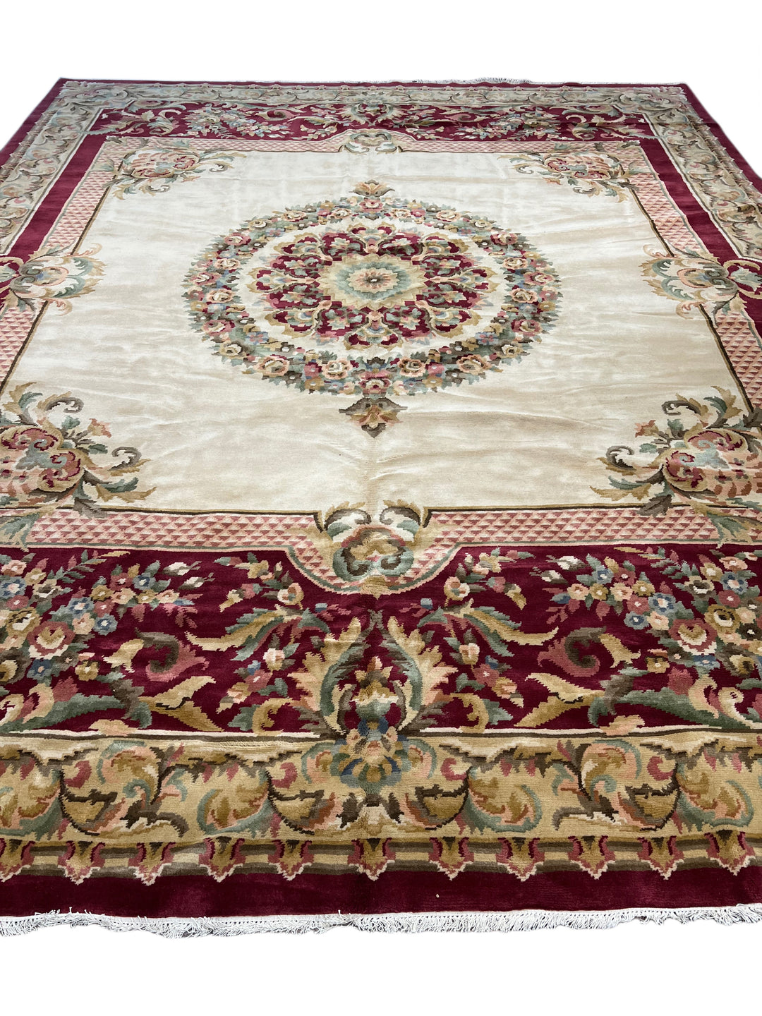 Ivory &amp; Burgundy French Savonnerie Style Rug – 12’0” x 14’9”