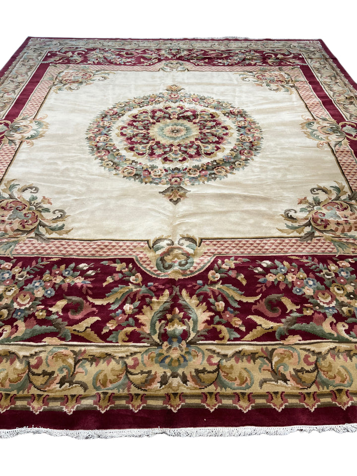Ivory &amp; Burgundy French Savonnerie Style Rug – 12’0” x 14’9”
