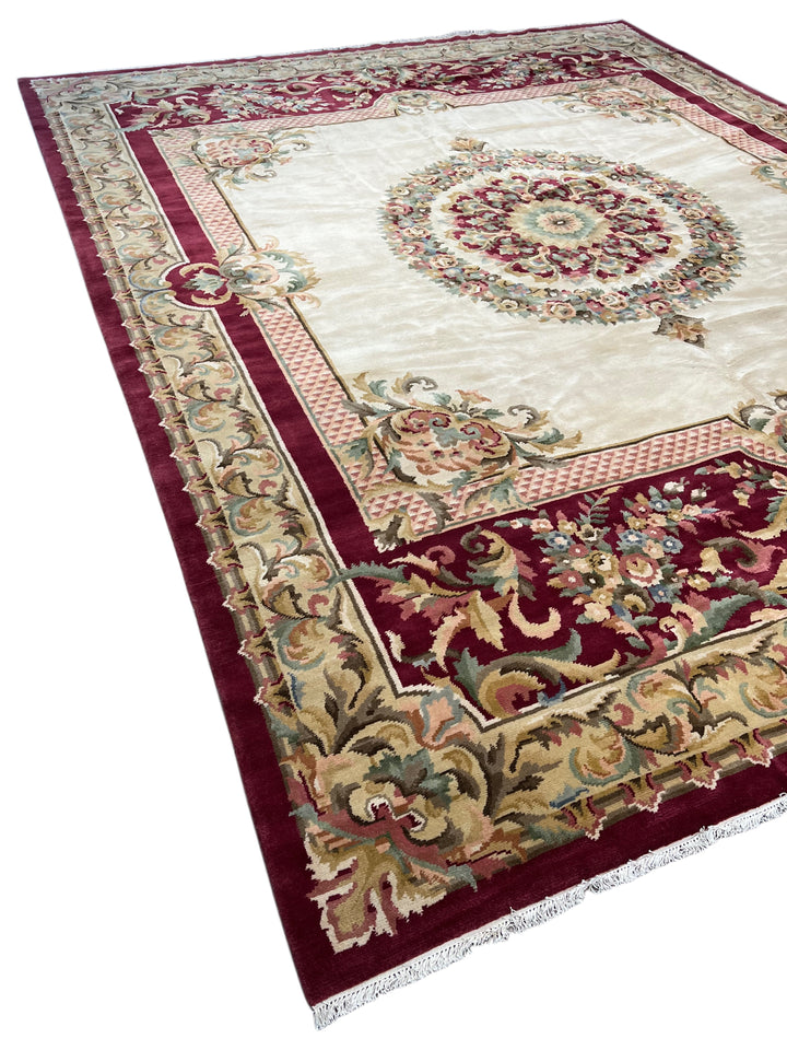 Ivory &amp; Burgundy French Savonnerie Style Rug – 12’0” x 14’9”