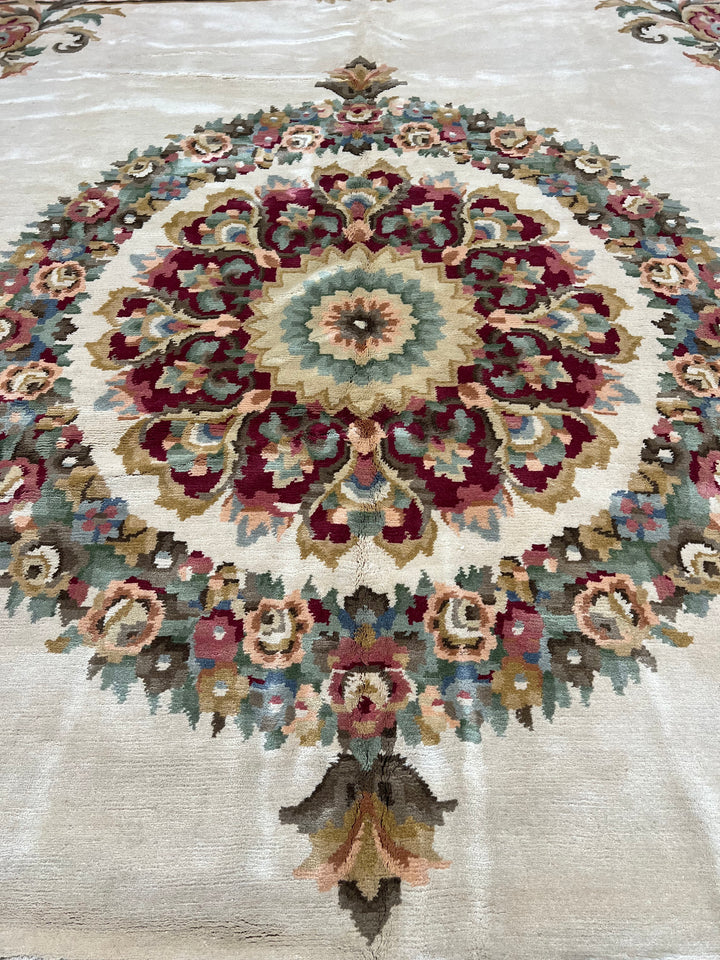 Ivory &amp; Burgundy French Savonnerie Style Rug – 12’0” x 14’9”