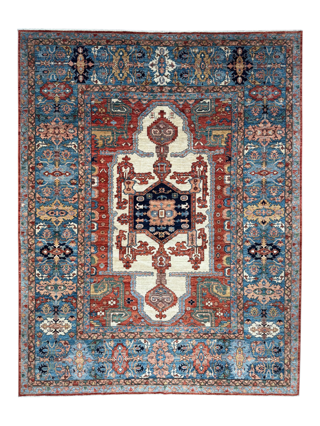 Blue, Rust &amp; Ivory Geometric Medallion Rug – 9’5” x 12’1”